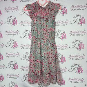 Monteau dress floral ruffle frilly blue white pink brown keyhole opening on back